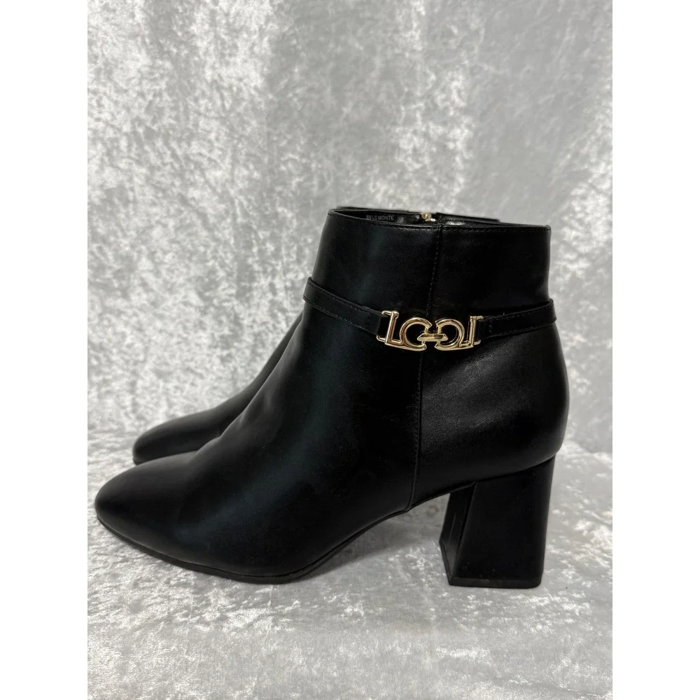 Liz Claiborne Monte Black Faux Leather Gold Hardware Block Heel‎ Ankle Boots 8W